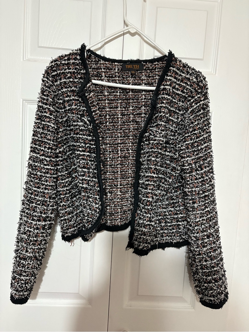Truth Black & White Tweed Open-Front Cardigan with Fringe Trim